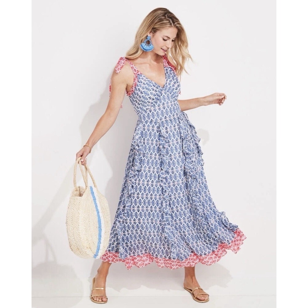 Vineyard Vines Womens Maxi Dress 0 Blue Block Print Shell Flowy Silky Summer Vac